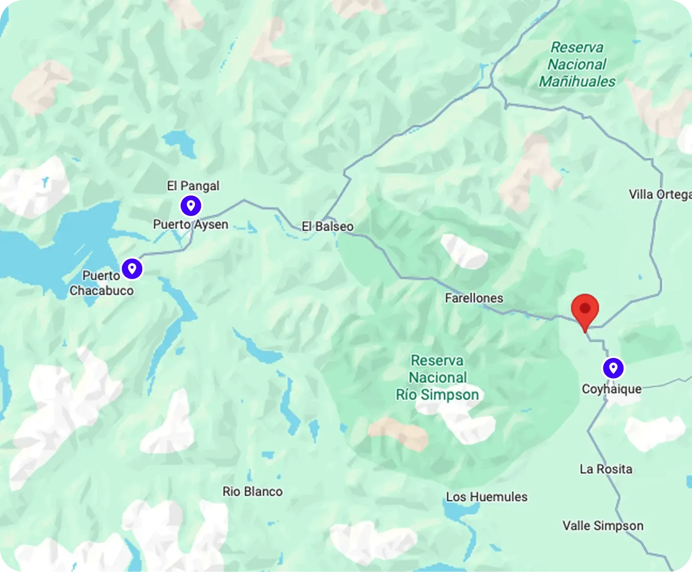 Ubicación de Parque Baguales en la Ruta 7 (Coyhaique - Puerto Aysén)